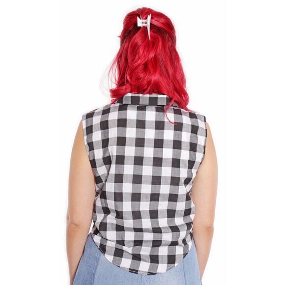 BW Check Sleeveless Tie Front Button Up Blouse 50s 60s Retro Sz Large - Hey Viv - Picture 3 of 5